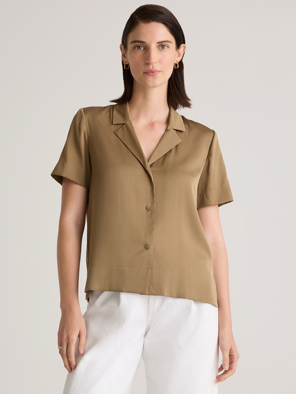 Quince Washable Stretch Silk Short Sleeve Notch Collar Blouse in Dogwood XS NWOT